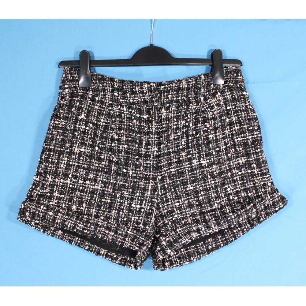 KORI AMERICA Lined TWEED Black/Metallic PLAID High-Rise CUFF Dress Shorts Sz M